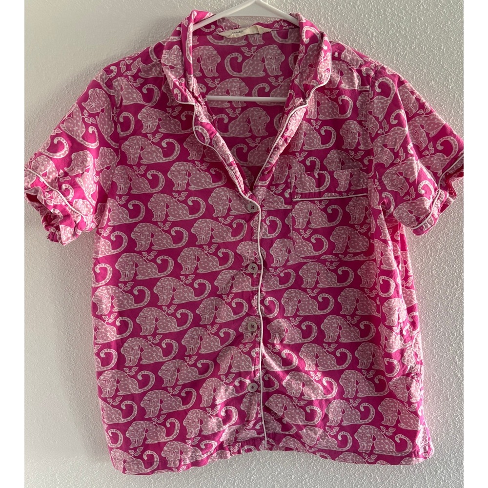 Print Fresh Pajama Top Womens Small Pink Cotton Leopard Short Sleeve‎ Preppy